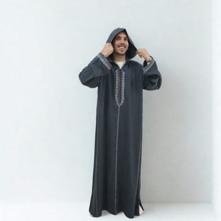 Djellaba Homme Grise Broderie Traditionnelle