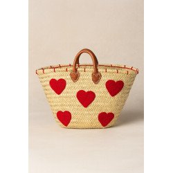 Panier en doum brodé de cœurs rouges