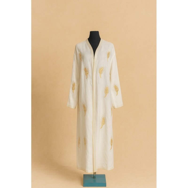 Kimono blanc brodé de motifs dorés