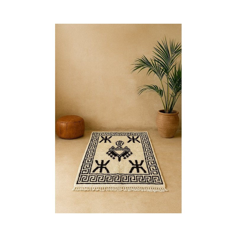Tapis berbère en laine Symboles amazighs noirs sur fond écru