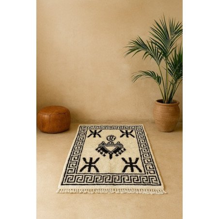 Tapis berbère en laine Symboles amazighs noirs sur fond écru