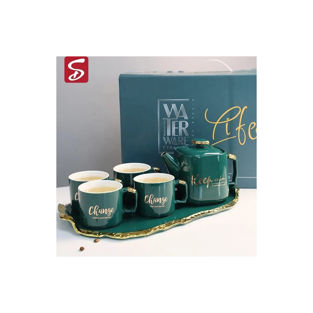 Ensemble de 4 tasses et théière avec assiette en porcelaine