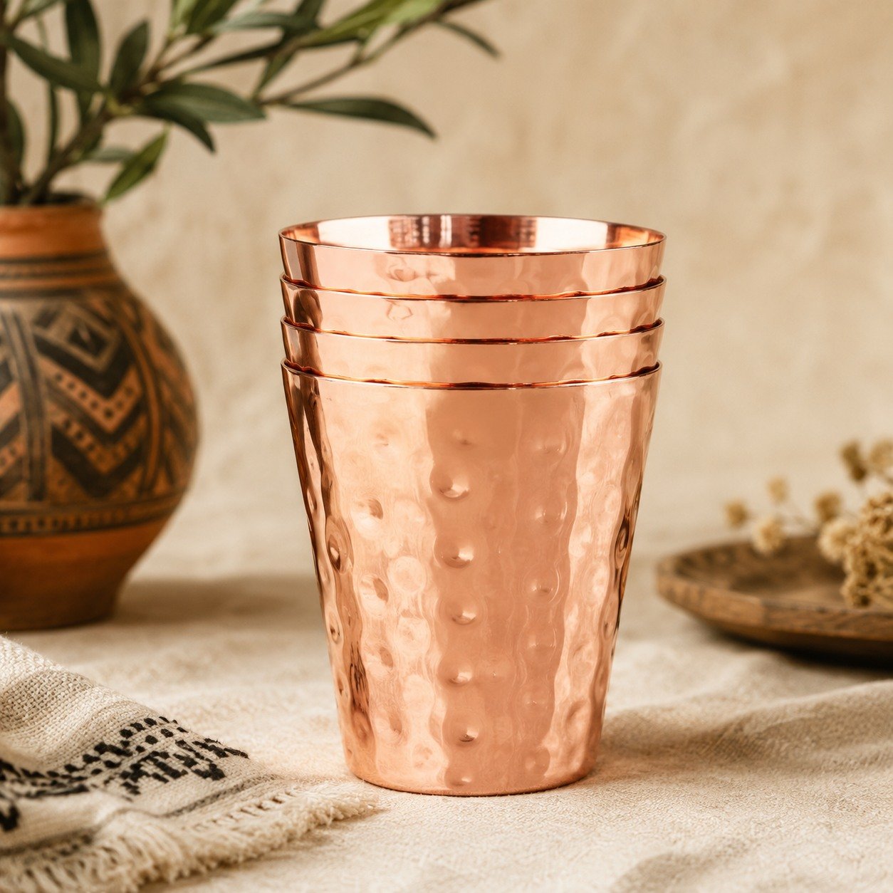 Lot de 4 Gobelets Artisanaux en Cuivre Martelé