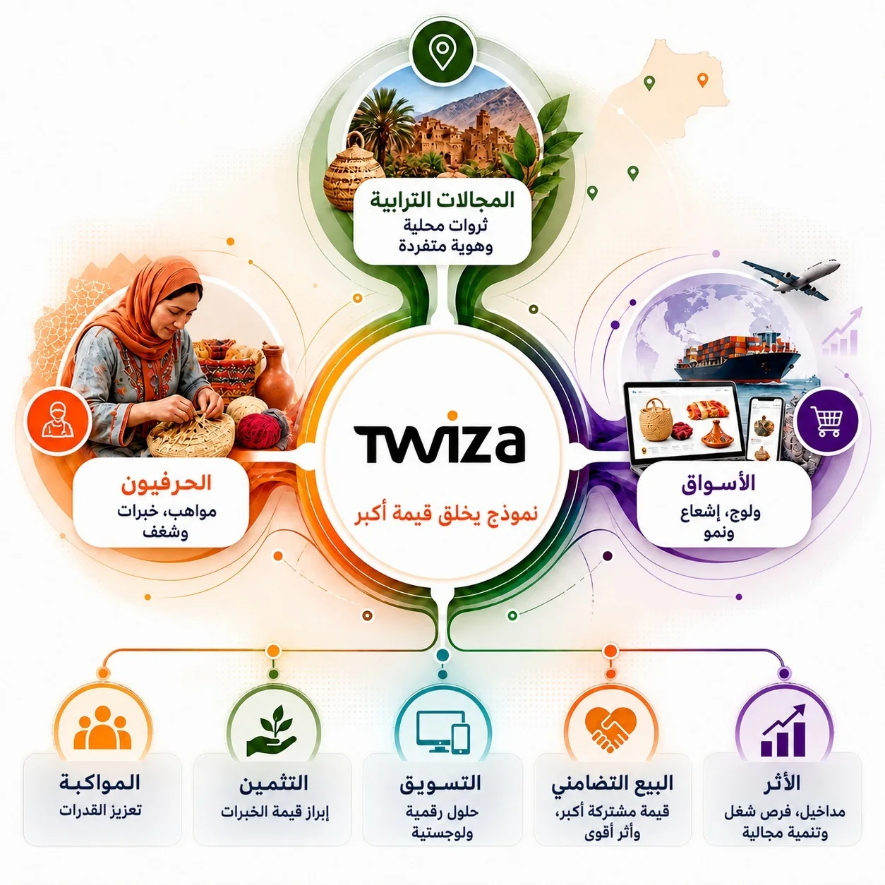رسمٌ توضيحي: الحرفيّون والمناطق والأسواق يجمعها نموذج «تويزا»، ومعها روافع النموذج الخمس — المواكبة، والتثمين، والتسويق، والبيع التضامني، والأثر.