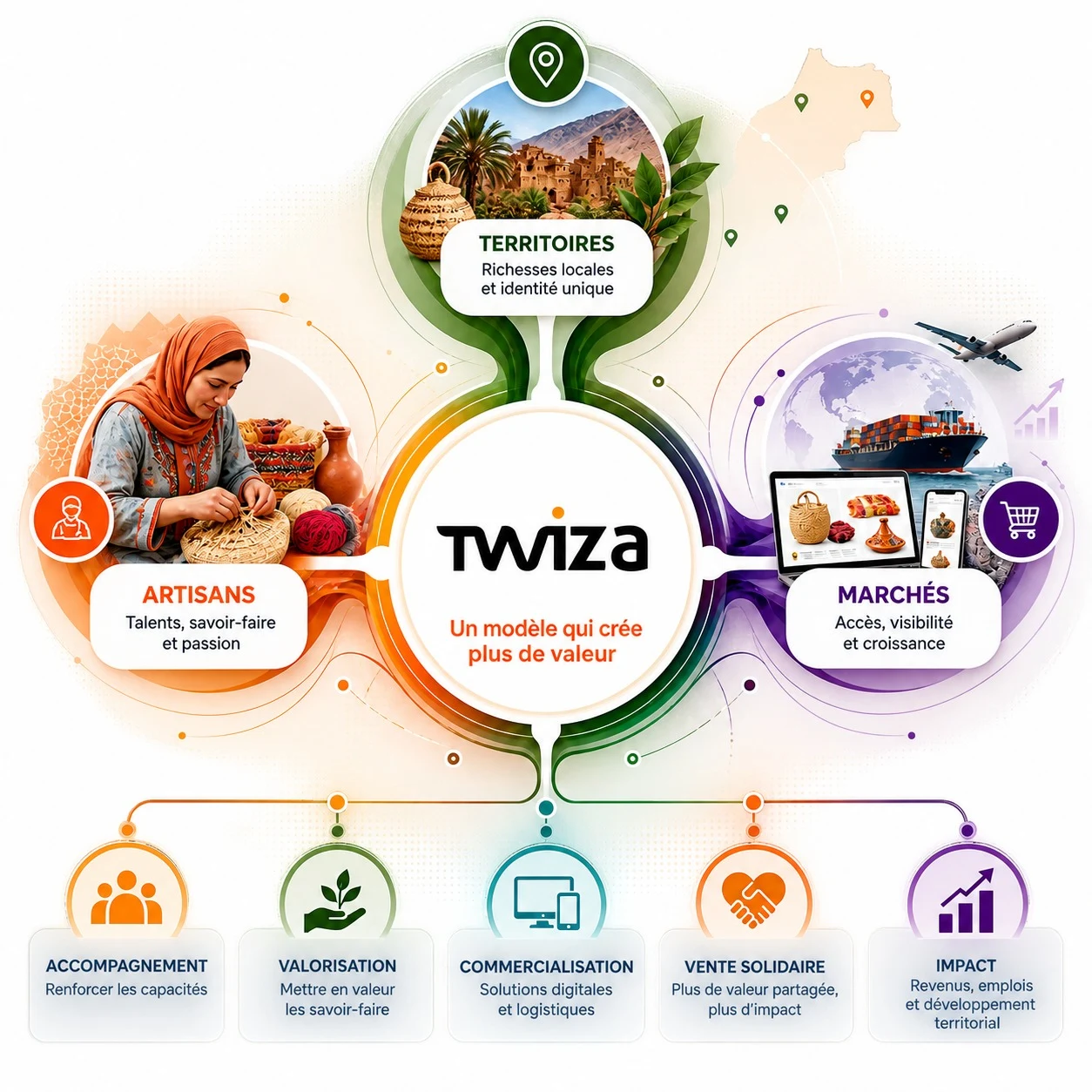 Schéma : les artisans, les territoires et les marchés reliés par le modèle TWIZA, et les cinq leviers du modèle — accompagnement, valorisation, commercialisation, vente solidaire, impact.