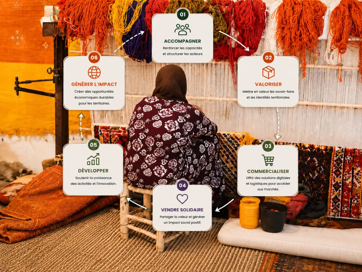 Schéma : les six étapes du modèle TWIZA — accompagner, valoriser, commercialiser, vendre solidaire, développer, générer l’impact — en boucle continue.